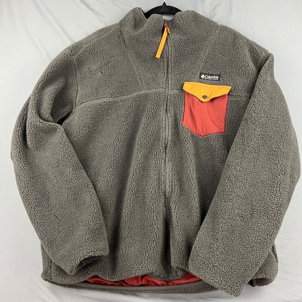 Vintage Columbia Fleece Jacket Mens XL Sherpa Full Zip Grey/Orange Red Pocket
